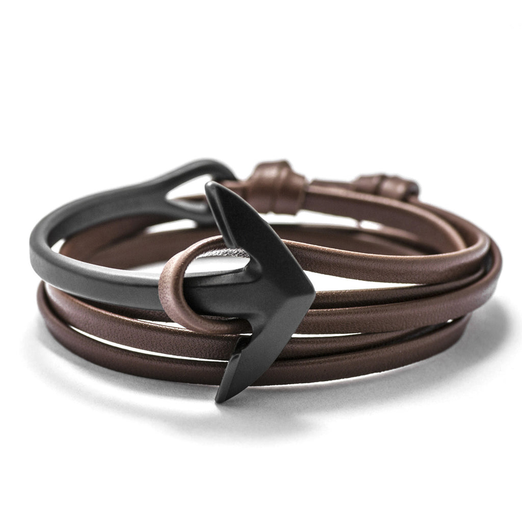 Matte Black Anchor Half-cuff On Brown Leather Bracelet - BIJOUONE