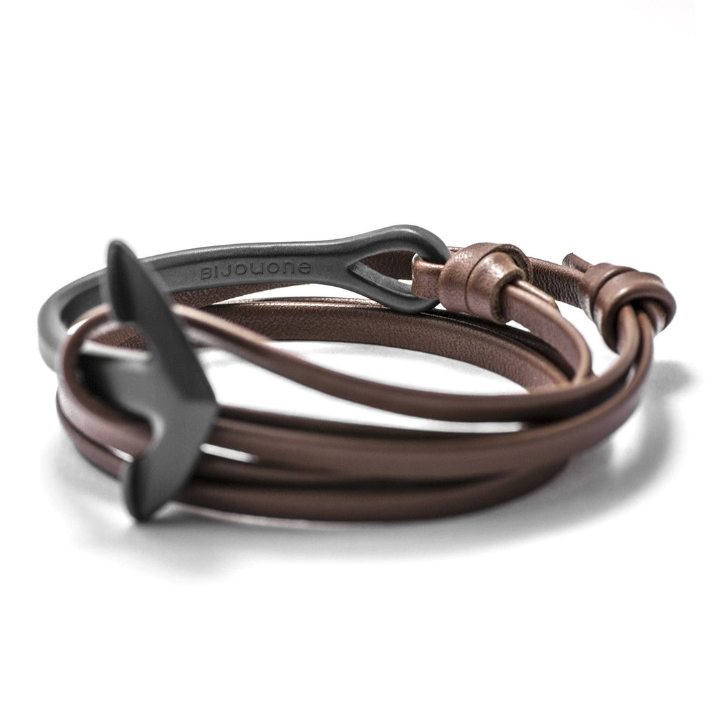 Matte Black Anchor Half-cuff On Brown Leather Bracelet - BIJOUONE