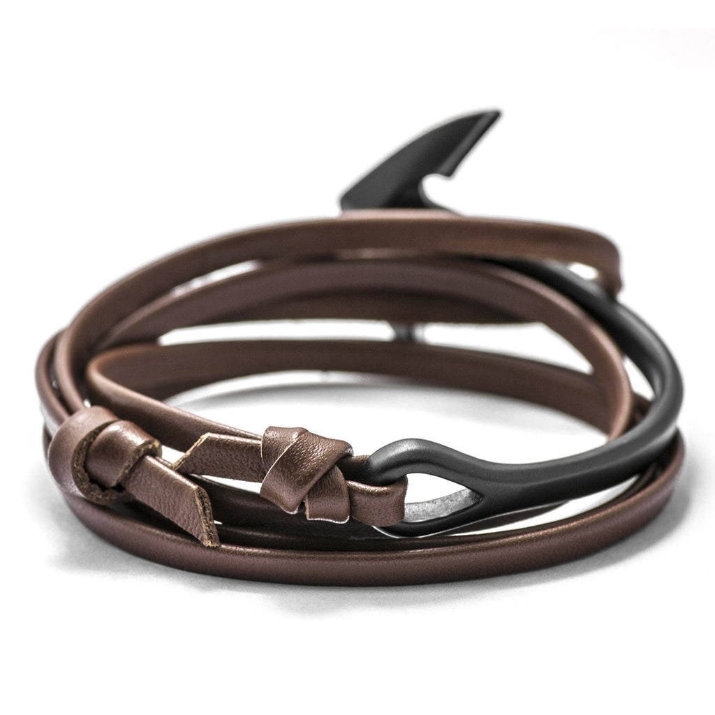 Matte Black Anchor Half-cuff On Brown Leather Bracelet - BIJOUONE