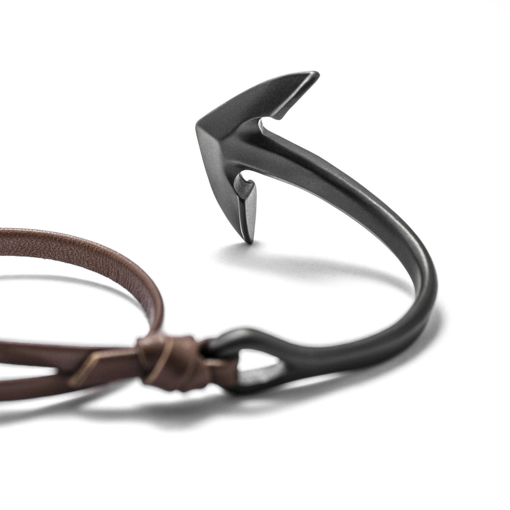 Matte Black Anchor Half-cuff On Brown Leather Bracelet - BIJOUONE
