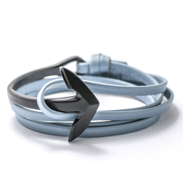 Matte Black Anchor Half-cuff On Baby Blue Leather Bracelet - BIJOUONE