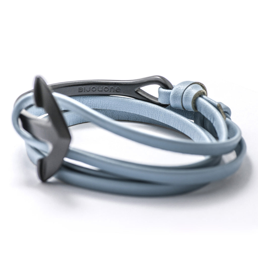 Matte Black Anchor Half-cuff On Baby Blue Leather Bracelet - BIJOUONE