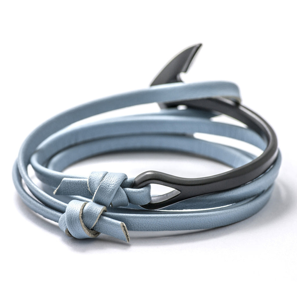 Matte Black Anchor Half-cuff On Baby Blue Leather Bracelet - BIJOUONE
