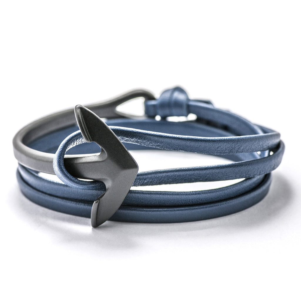 Matte Black Anchor Half-cuff On Blue Leather Bracelet - BIJOUONE