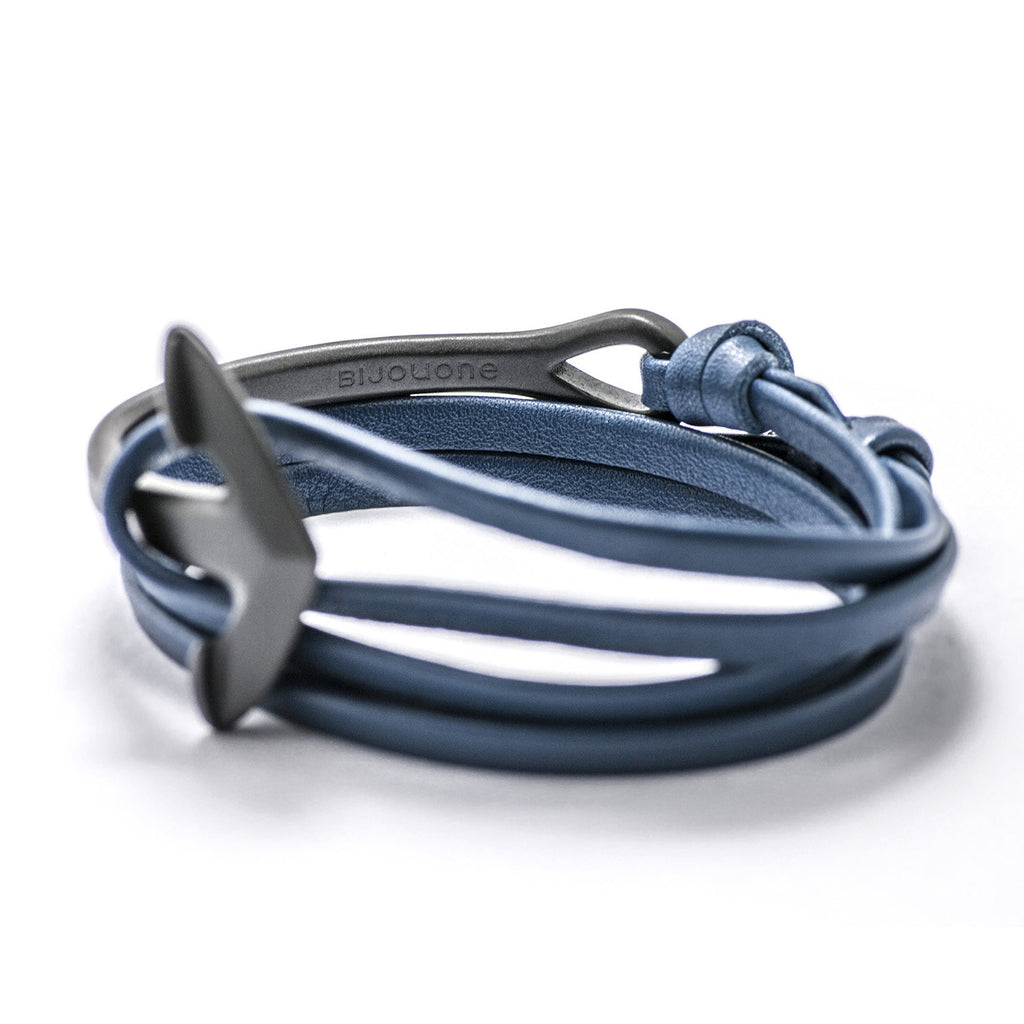 Matte Black Anchor Half-cuff On Blue Leather Bracelet - BIJOUONE