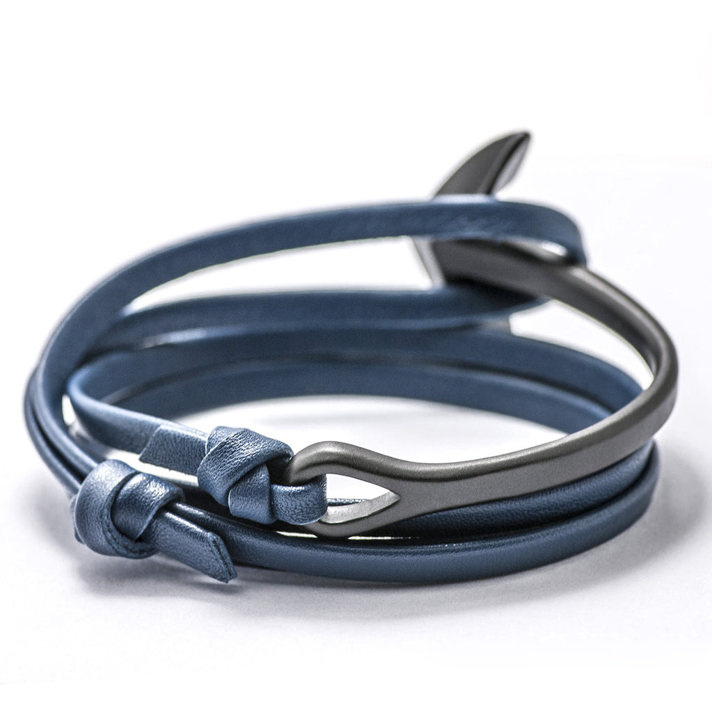 Matte Black Anchor Half-cuff On Blue Leather Bracelet - BIJOUONE