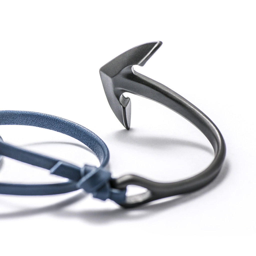 Matte Black Anchor Half-cuff On Blue Leather Bracelet - BIJOUONE