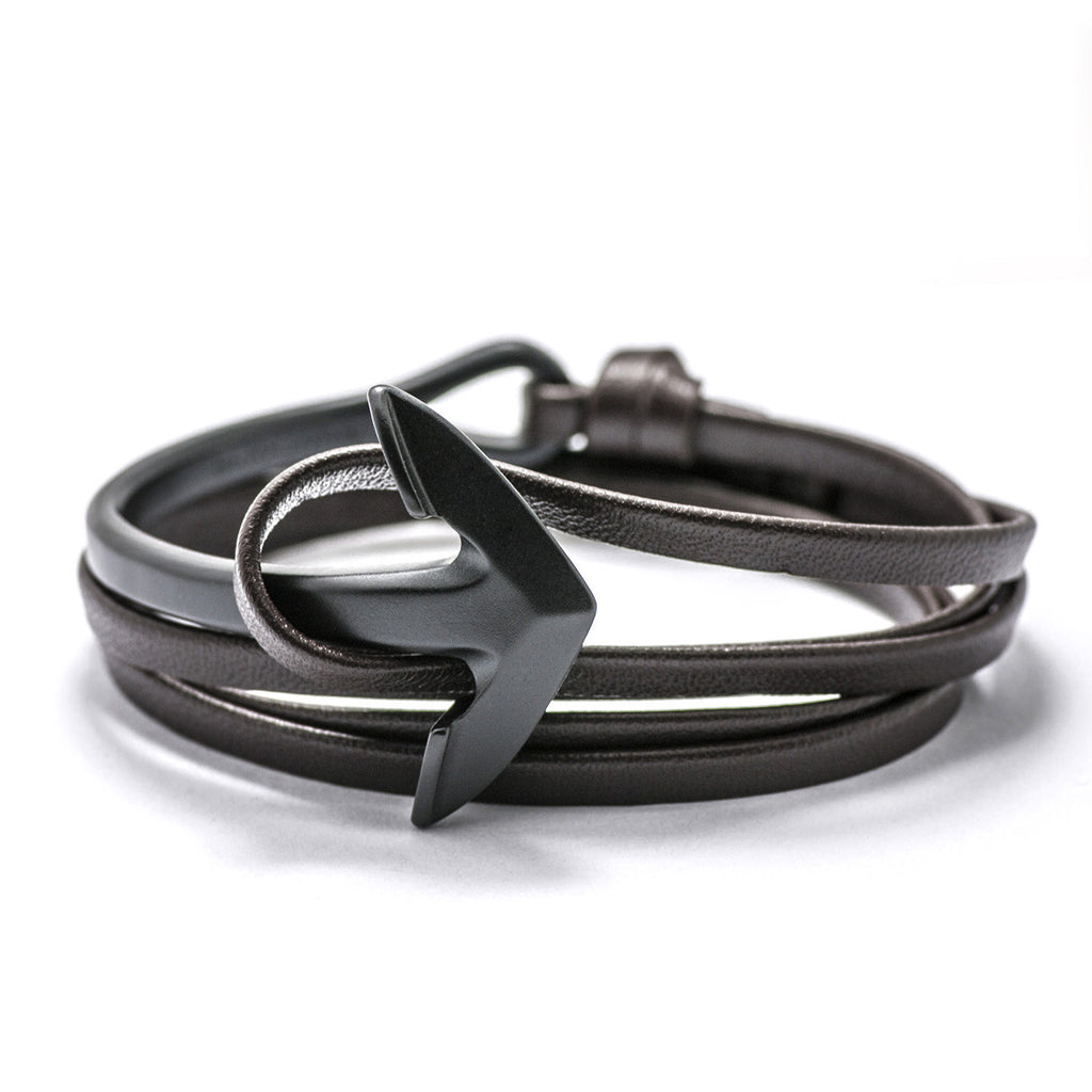Matte Black Anchor Half-cuff On Dark Coffee Leather Bracelet - BIJOUONE