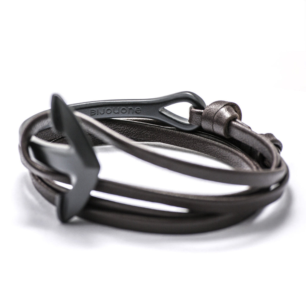 Matte Black Anchor Half-cuff On Dark Coffee Leather Bracelet - BIJOUONE