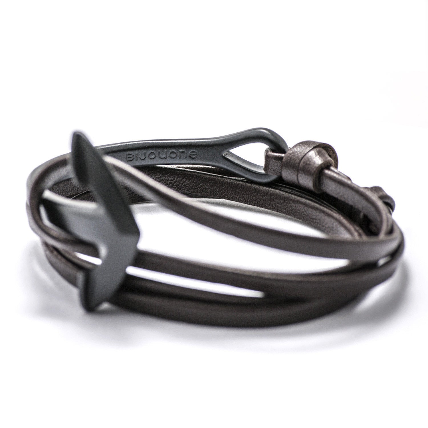 Matte Black Anchor Half-cuff On Dark Coffee Leather Bracelet - BIJOUONE