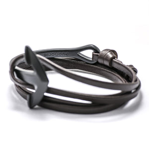 Matte Black Anchor Half-cuff On Dark Coffee Leather Bracelet - BIJOUONE