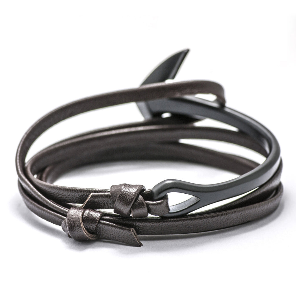 Matte Black Anchor Half-cuff On Dark Coffee Leather Bracelet - BIJOUONE