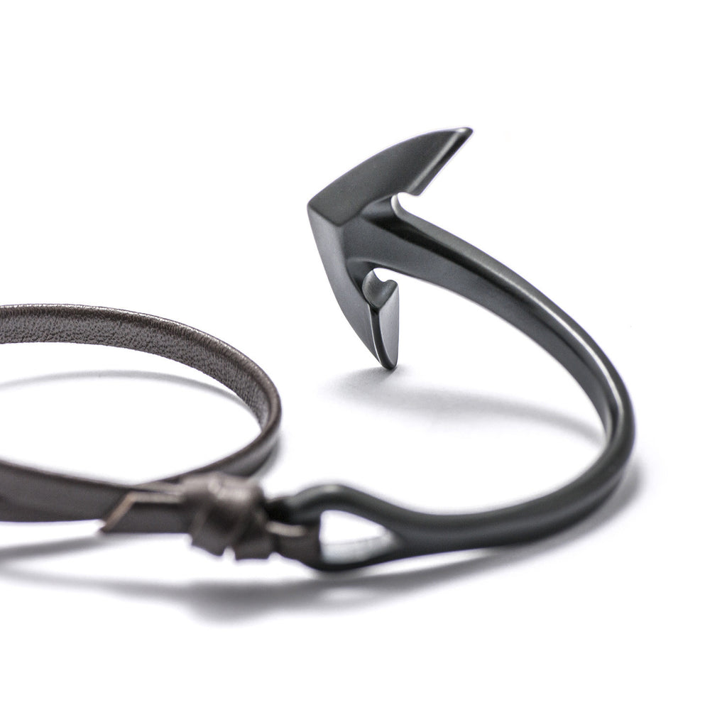 Matte Black Anchor Half-cuff On Dark Coffee Leather Bracelet - BIJOUONE