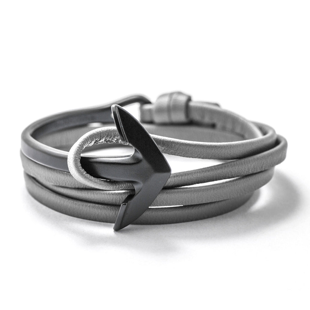 Matte Black Anchor Half-cuff On Gray Leather Bracelet - BIJOUONE