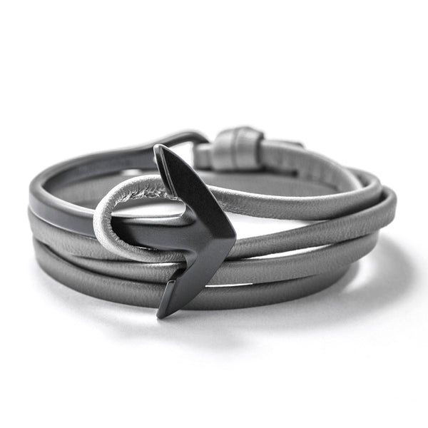 Matte Black Anchor Half-cuff On Gray Leather Bracelet - BIJOUONE