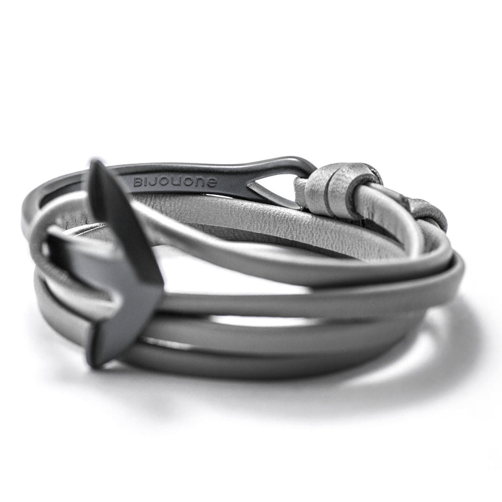 Matte Black Anchor Half-cuff On Gray Leather Bracelet - BIJOUONE