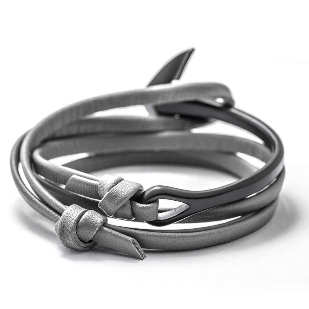 Matte Black Anchor Half-cuff On Gray Leather Bracelet - BIJOUONE