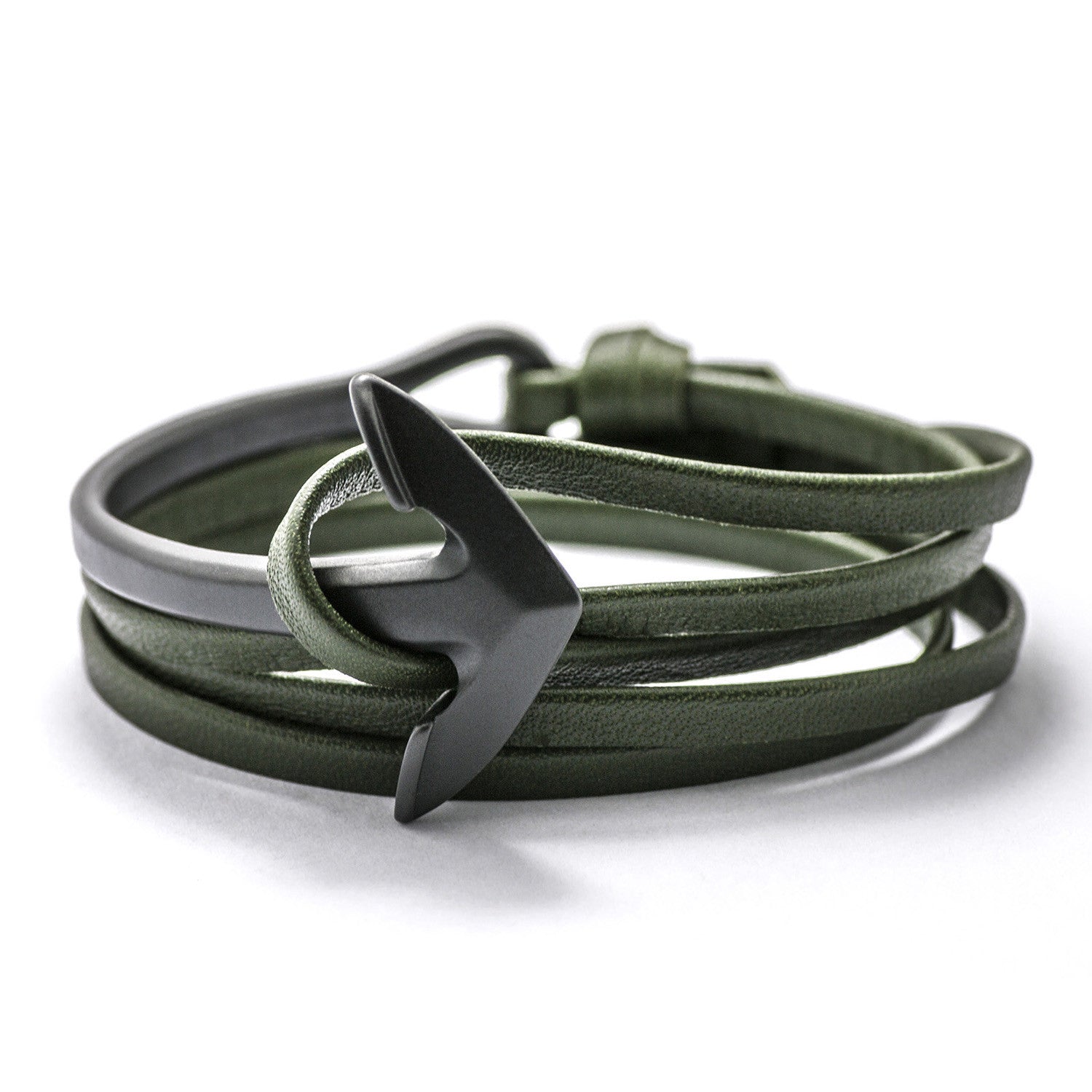 Matte Black Anchor Half-cuff On Hunter Green Leather Bracelet - BIJOUONE