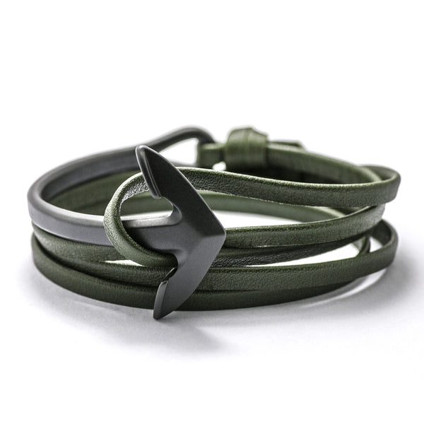 Matte Black Anchor Half-cuff On Hunter Green Leather Bracelet - BIJOUONE