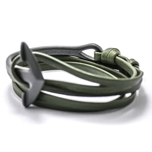 Matte Black Anchor Half-cuff On Hunter Green Leather Bracelet - BIJOUONE