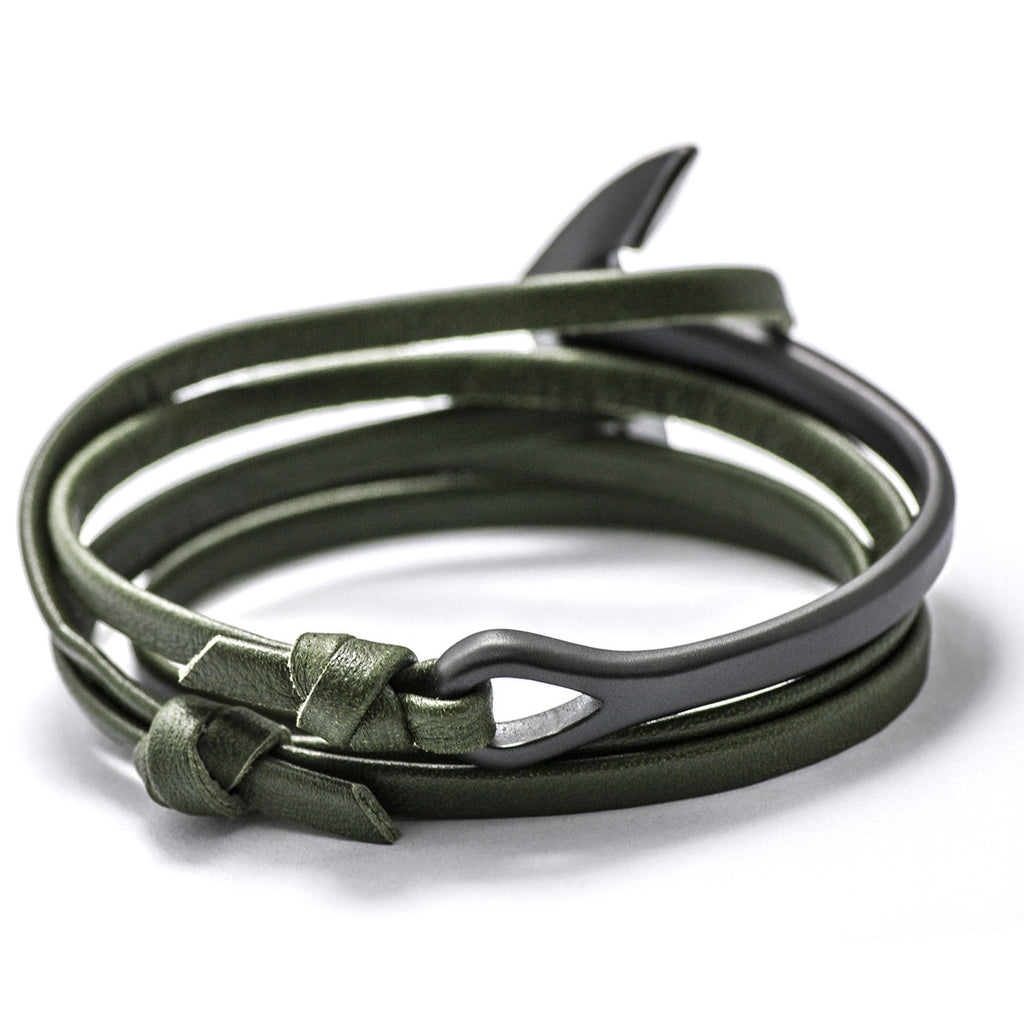 Matte Black Anchor Half-cuff On Hunter Green Leather Bracelet - BIJOUONE