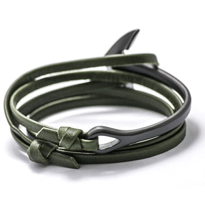 Matte Black Anchor Half-cuff On Hunter Green Leather Bracelet - BIJOUONE