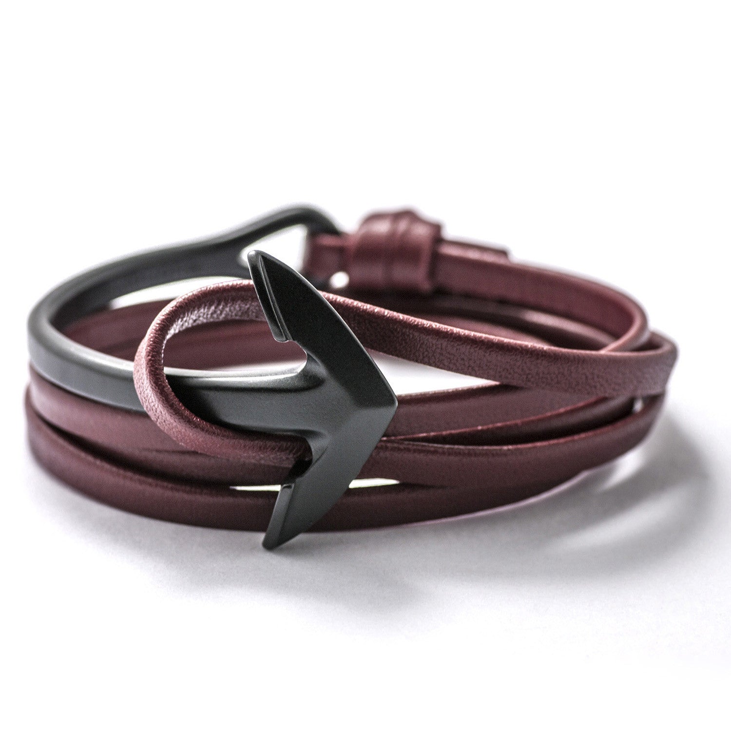 Matte Black Anchor Half-cuff On Burgundy Leather Bracelet - BIJOUONE