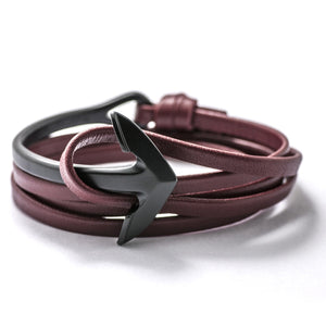 Matte Black Anchor Half-cuff On Burgundy Leather Bracelet - BIJOUONE