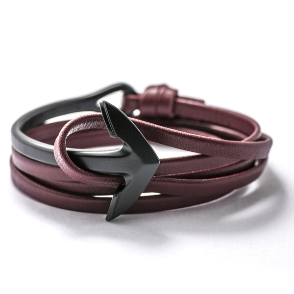 Matte Black Anchor Half-cuff On Burgundy Leather Bracelet - BIJOUONE