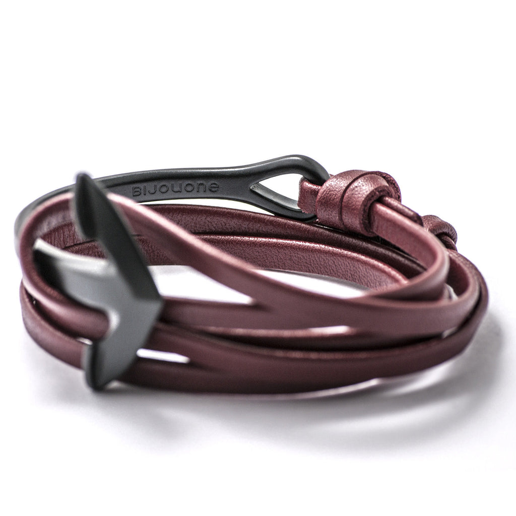 Matte Black Anchor Half-cuff On Burgundy Leather Bracelet - BIJOUONE