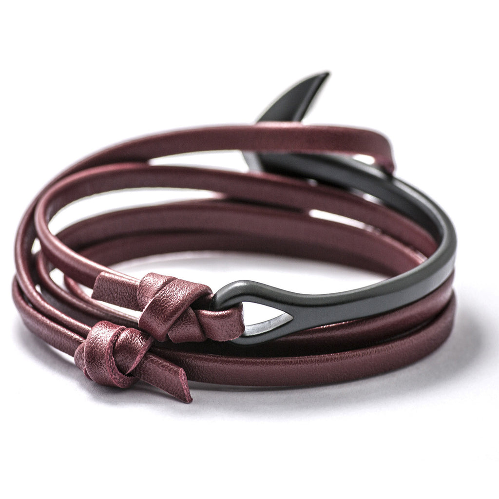 Matte Black Anchor Half-cuff On Burgundy Leather Bracelet - BIJOUONE