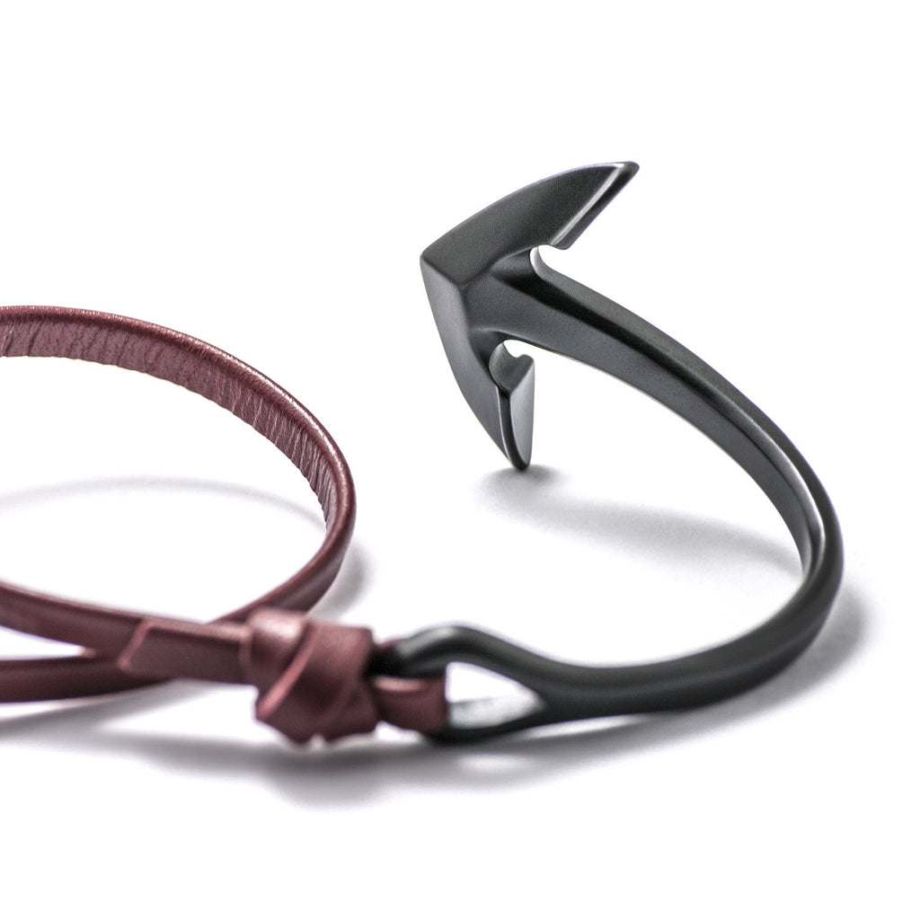 Matte Black Anchor Half-cuff On Burgundy Leather Bracelet - BIJOUONE