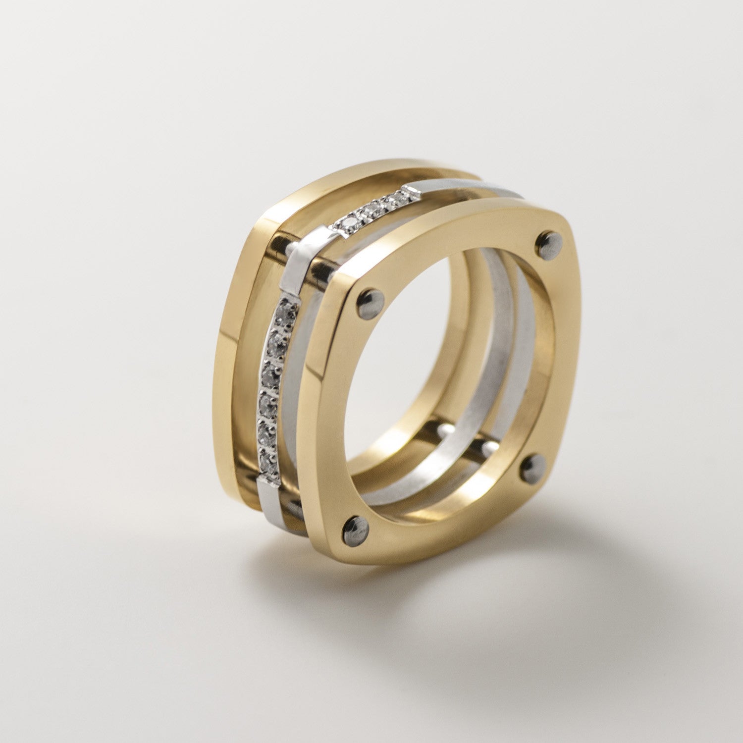 Tritone 3 Gold & Silver Band Square Pave Statement Ring - BIJOUONE