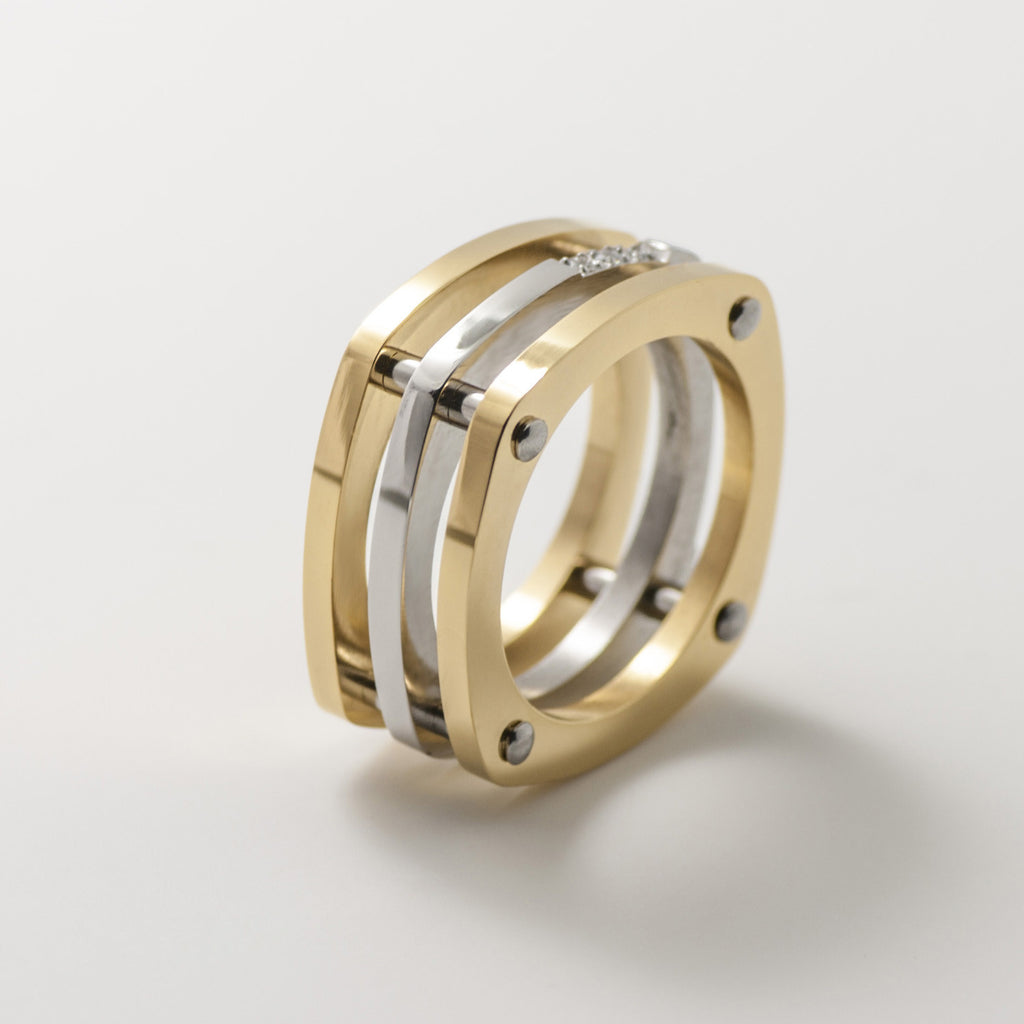 Tritone 3 Gold & Silver Band Square Pave Statement Ring - BIJOUONE