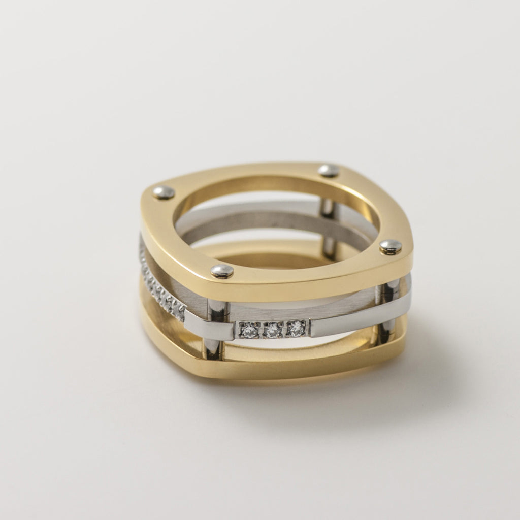 Tritone 3 Gold & Silver Band Square Pave Statement Ring - BIJOUONE