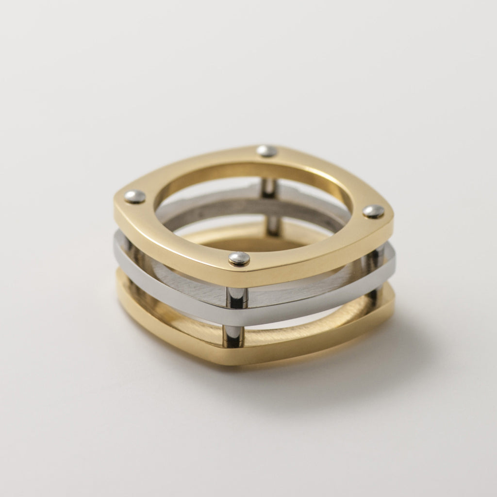 Tritone 3 Gold & Silver Band Square Pave Statement Ring - BIJOUONE