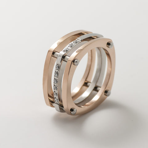 Tritone 3 Rose Gold & Silver Band Square Pave Statement Ring - BIJOUONE