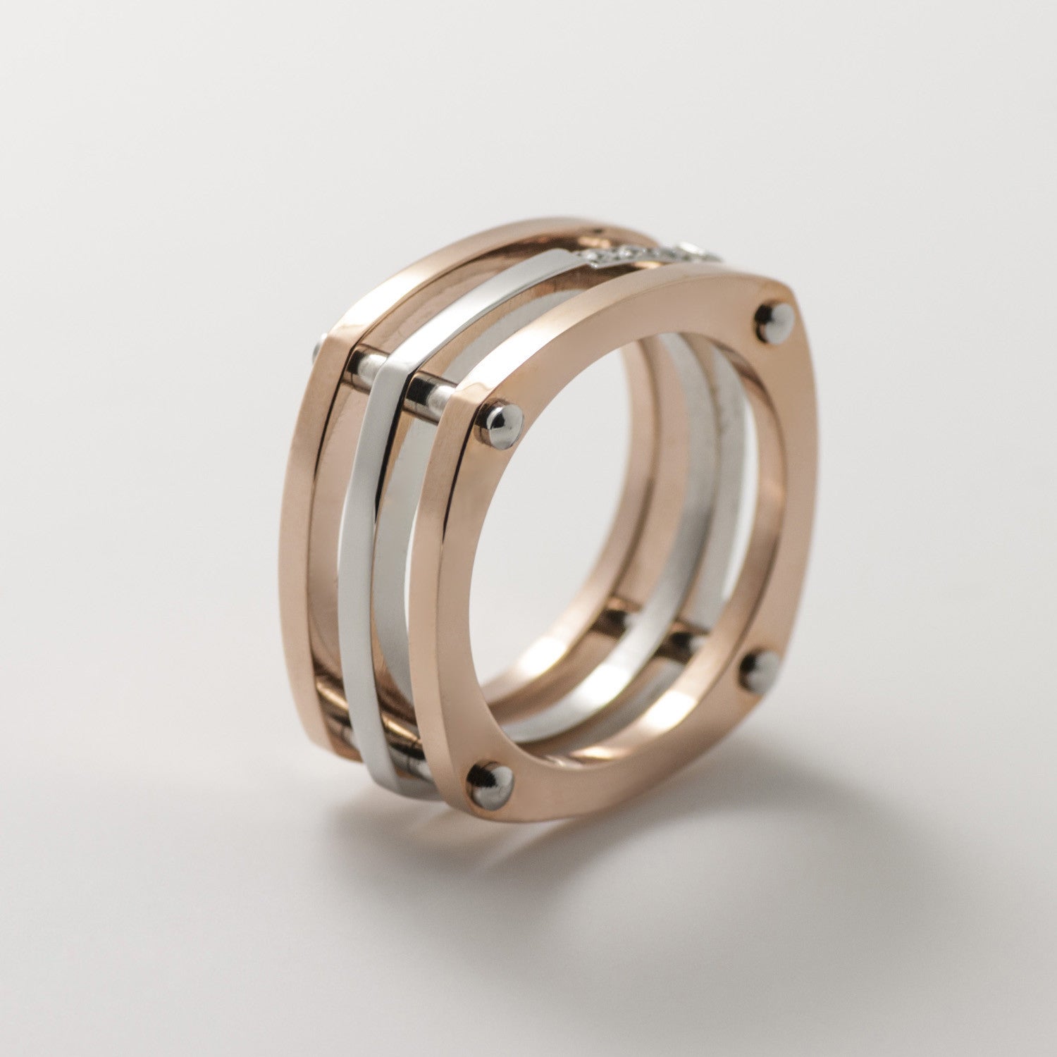 Tritone 3 Rose Gold & Silver Band Square Pave Statement Ring - BIJOUONE