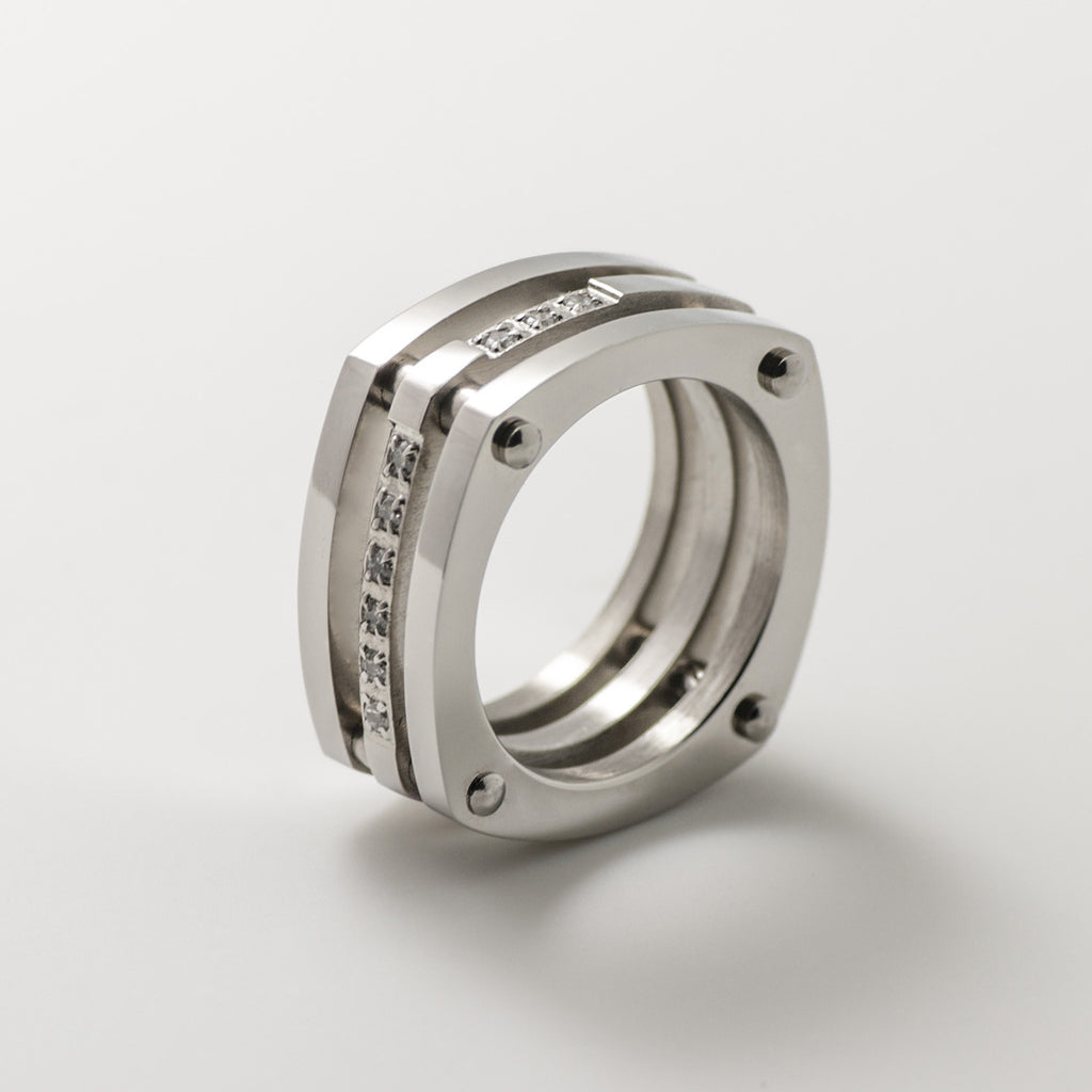Tritone 3 Silver Band Square Pave Statement Ring - BIJOUONE