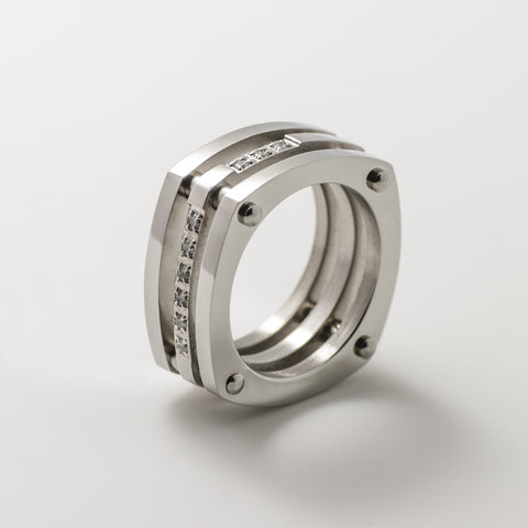 Tritone 3 Silver Band Square Pave Statement Ring - BIJOUONE
