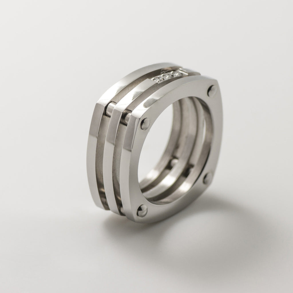 Tritone 3 Silver Band Square Pave Statement Ring - BIJOUONE