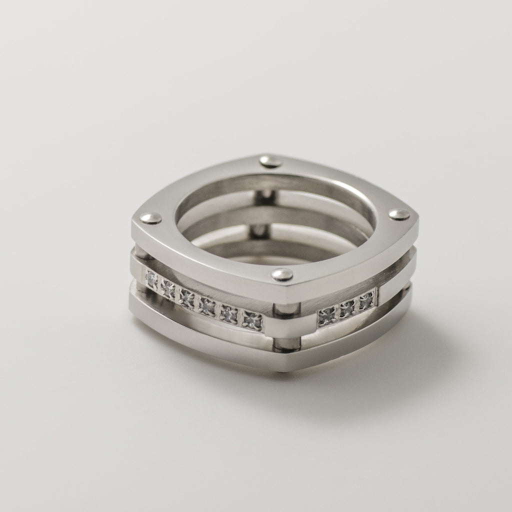 Tritone 3 Silver Band Square Pave Statement Ring - BIJOUONE