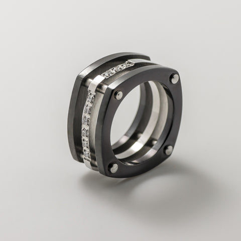 Tritone 3 Black & Silver Band Square Pave Statement Ring - BIJOUONE