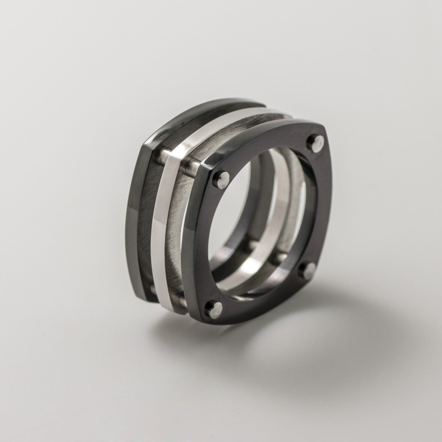 Tritone 3 Black & Silver Band Square Pave Statement Ring - BIJOUONE