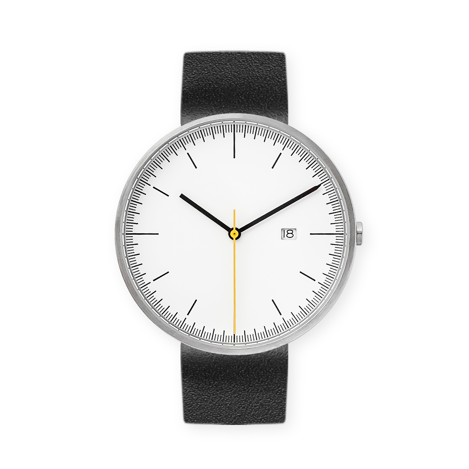 B202 Watch, Silver Case, White Dial, Calendar, Leather Strap - Black - BIJOUONE