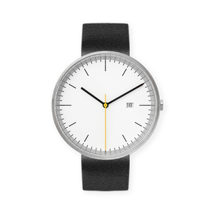 B202 Watch, Silver Case, White Dial, Calendar, Leather Strap - Black - BIJOUONE