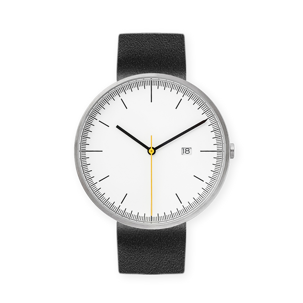 B202 Watch, Silver Case, White Dial, Calendar, Leather Strap - Black - BIJOUONE