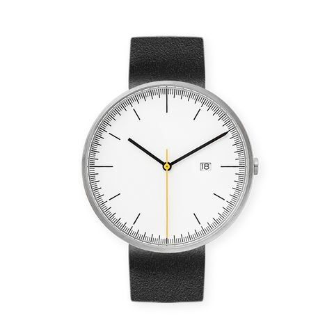 B202 Watch, Silver Case, White Dial, Calendar, Leather Strap - Black - BIJOUONE