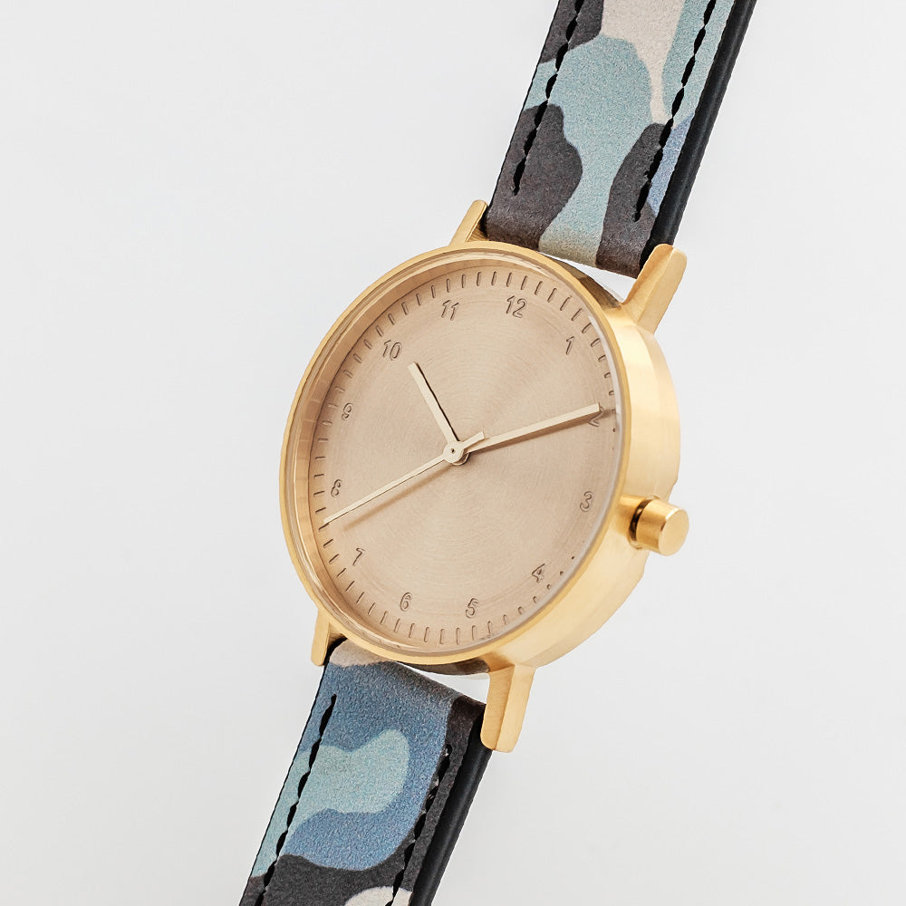 B60 Watch, Gold Case, Gold Dial, Leather Strap - Camouflage Blue