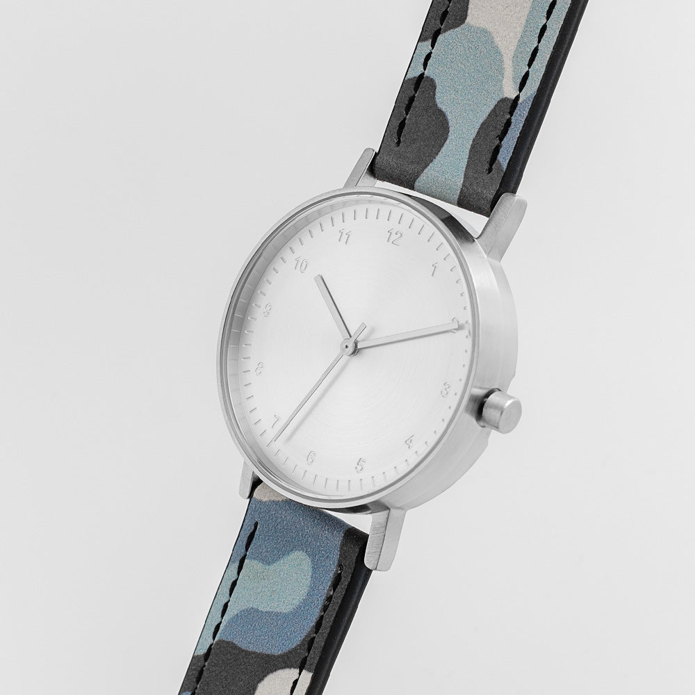 B60 Watch, Silver Case, silver Dial, Leather Strap - Camouflage Blue